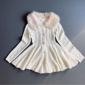 RARE LIZ LISA Cream Fur Collar Sweater Long Sleeve Mini Dress